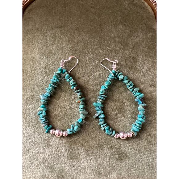 Native American Turquoise Nugget Sterling Silver Earrings 2.75” Drop 10g Boho - Picture 1 of 7